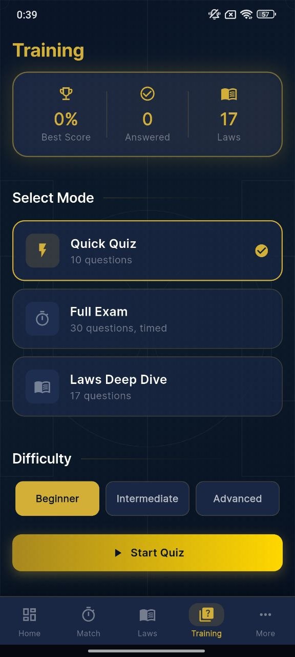 Laws of the game screen